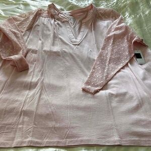 TOP, SHEER LACE SLEEVES, PEACHSKIN, SIZE 4X, JERSEY BODY, ADDITION ELLE,